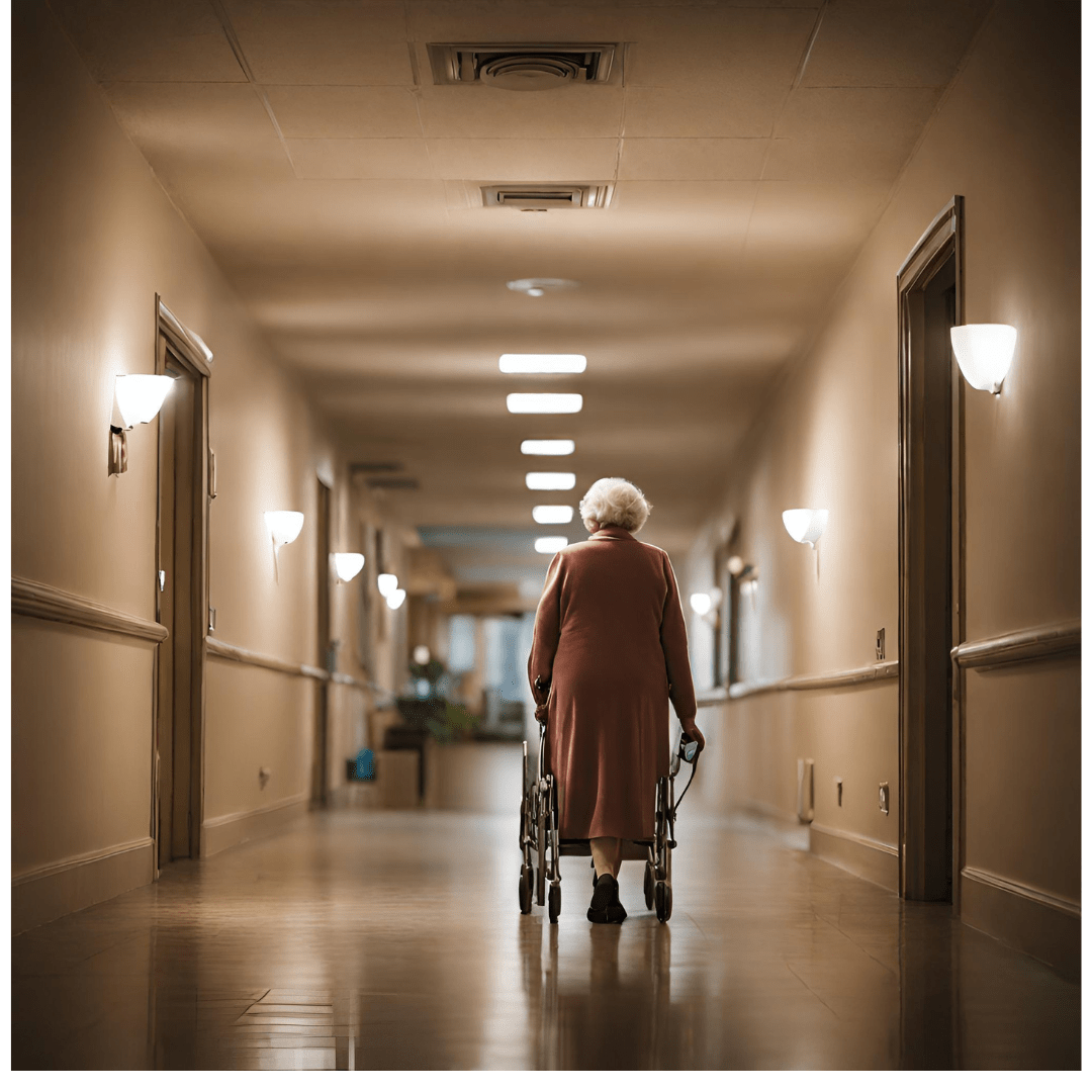 Elderly lady standing in dimmed aged care facility.